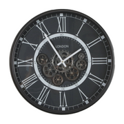 Round London 54cm Black Wall Clock with Exposed Gears and Roman Numerals – Modern Industrial Wall Décor