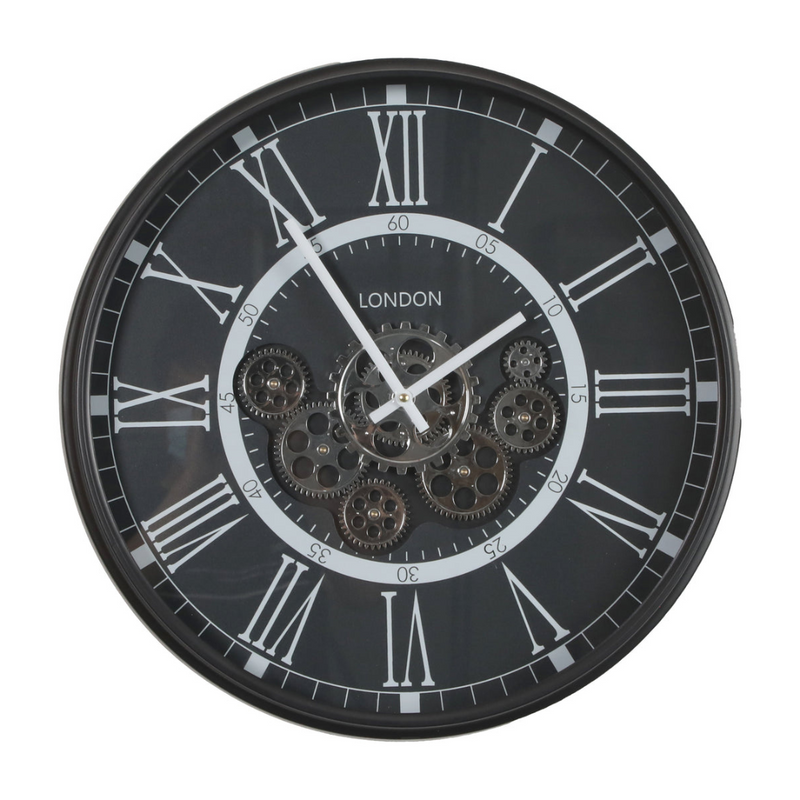Round London 54cm Black Wall Clock with Exposed Gears and Roman Numerals – Modern Industrial Wall Décor