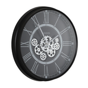Round London 54cm Black Wall Clock with Exposed Gears and Roman Numerals – Modern Industrial Wall Décor