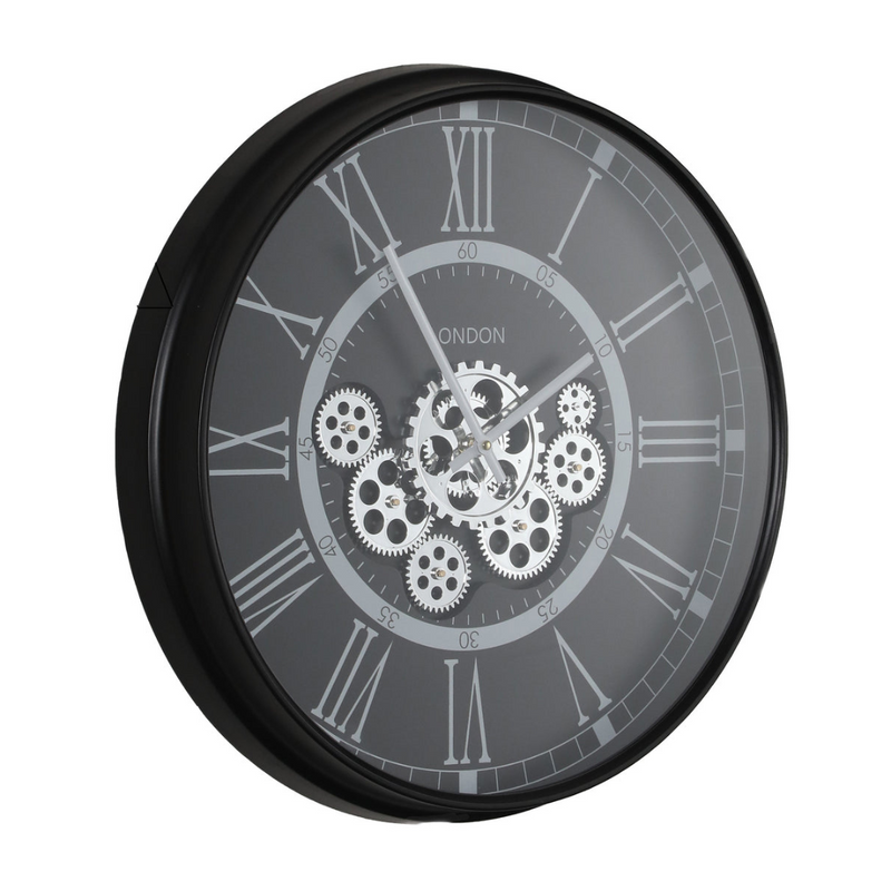 Round London 54cm Black Wall Clock with Exposed Gears and Roman Numerals – Modern Industrial Wall Décor