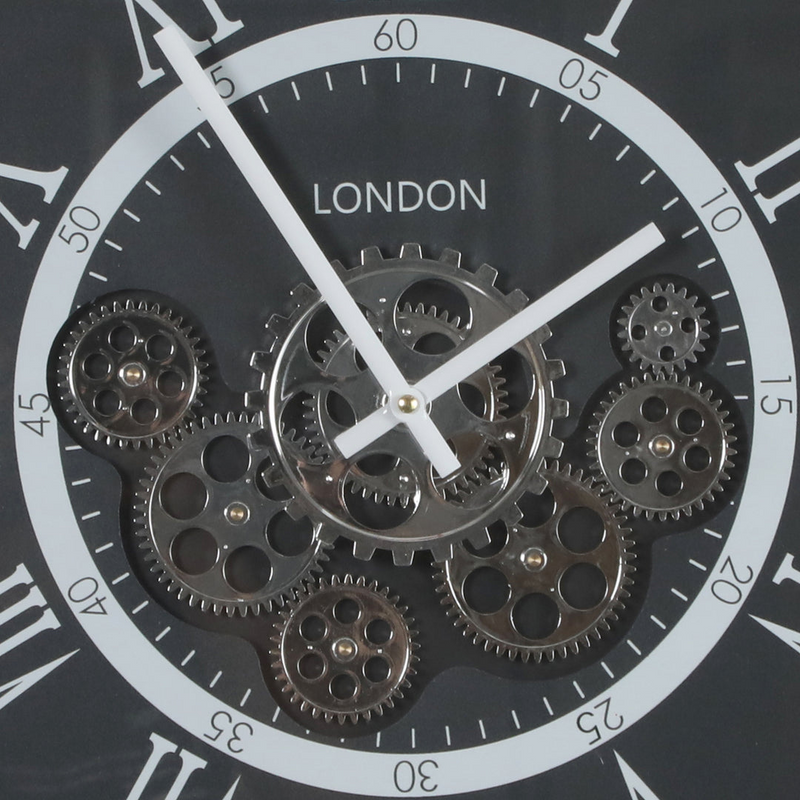 Round London 54cm Black Wall Clock with Exposed Gears and Roman Numerals – Modern Industrial Wall Décor