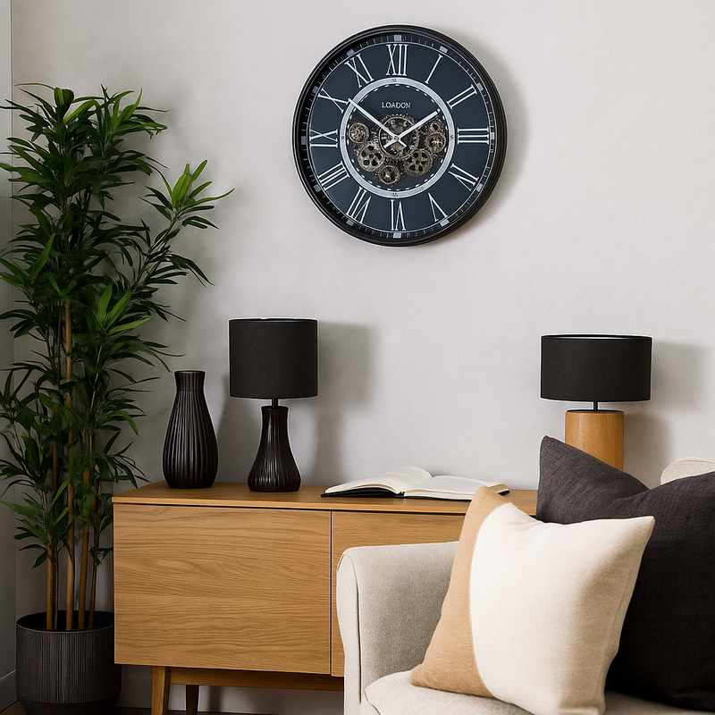 Round London 54cm Black Wall Clock with Exposed Gears and Roman Numerals – Modern Industrial Wall Décor