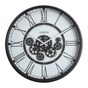 Round 54cm Black and White Wall Clock with Exposed Gears – London Modern Industrial Style