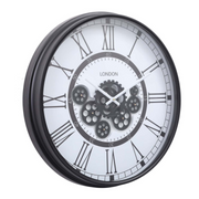Round 54cm Black and White Wall Clock with Exposed Gears – London Modern Industrial Style