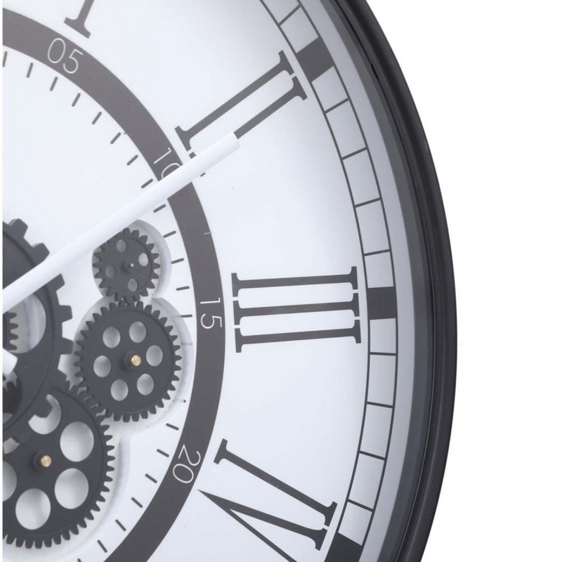 Round 54cm Black and White Wall Clock with Exposed Gears – London Modern Industrial Style
