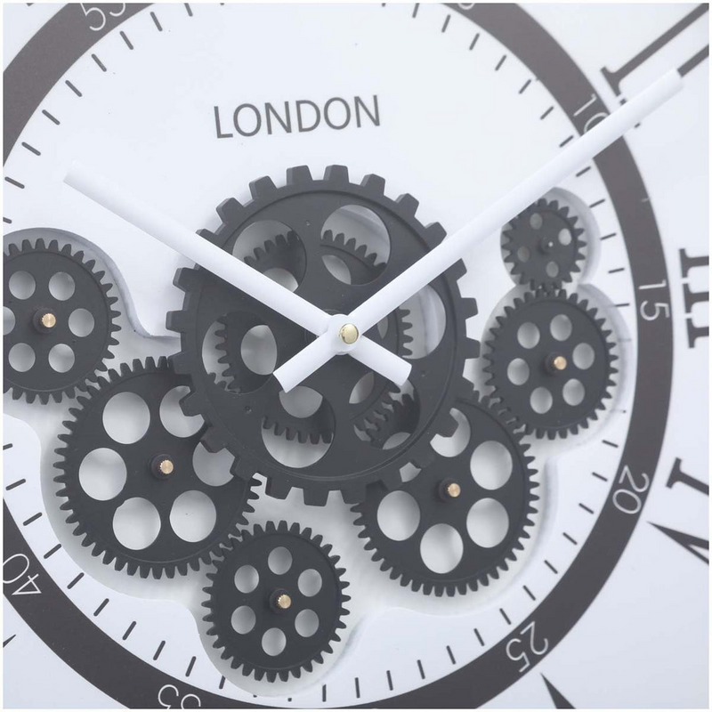 Round 54cm Black and White Wall Clock with Exposed Gears – London Modern Industrial Style