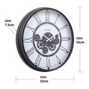 Round 54cm Black and White Wall Clock with Exposed Gears – London Modern Industrial Style