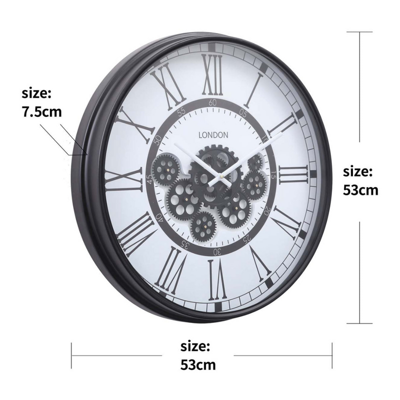Round 54cm Black and White Wall Clock with Exposed Gears – London Modern Industrial Style