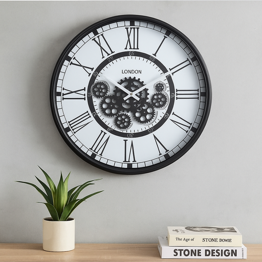 Round 54cm Black and White Wall Clock with Exposed Gears – London Modern Industrial Style