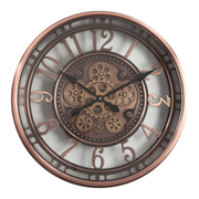 55cm round copper wash wall clock with industrial exposed gears and Roman numerals