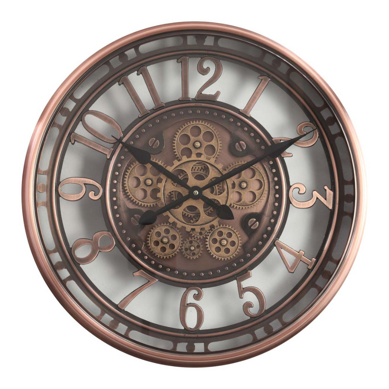 55cm round copper wash wall clock with industrial exposed gears and Roman numerals