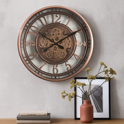 55cm round copper wash wall clock with industrial exposed gears and Roman numerals