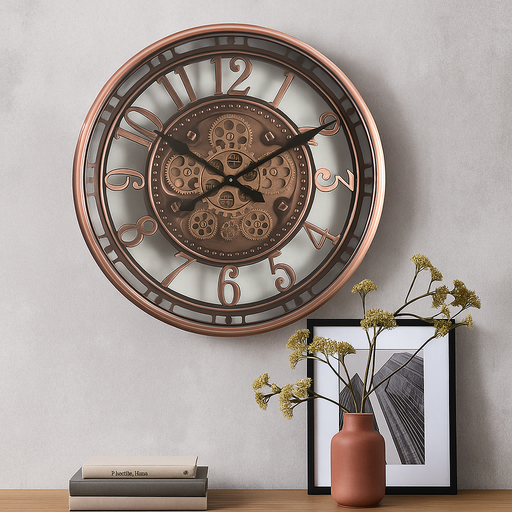 55cm round copper wash wall clock with industrial exposed gears and Roman numerals