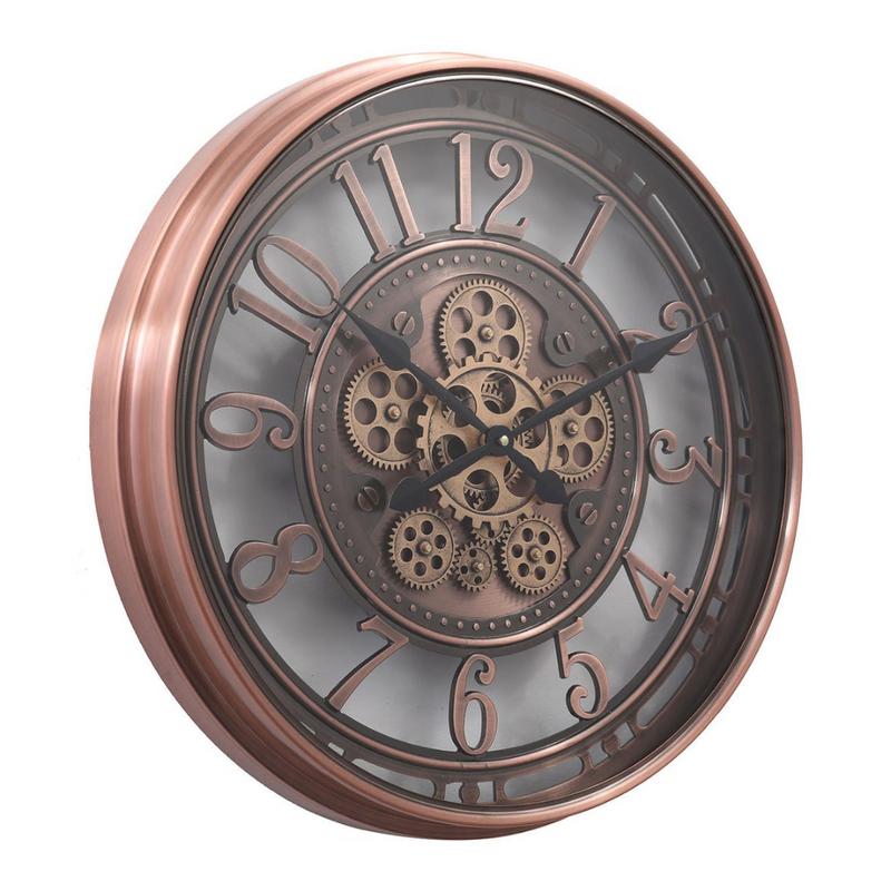 55cm round copper wash wall clock with industrial exposed gears and Roman numerals