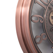 55cm round copper wash wall clock with industrial exposed gears and Roman numerals