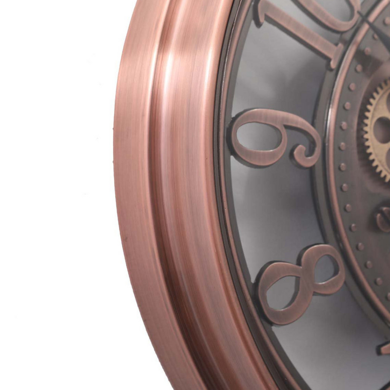 55cm round copper wash wall clock with industrial exposed gears and Roman numerals