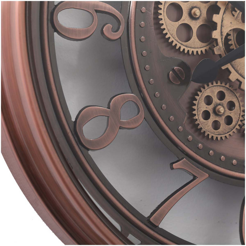 55cm round copper wash wall clock with industrial exposed gears and Roman numerals