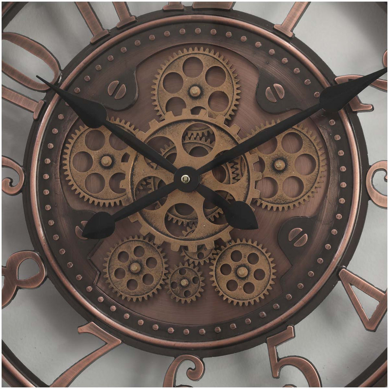 55cm round copper wash wall clock with industrial exposed gears and Roman numerals