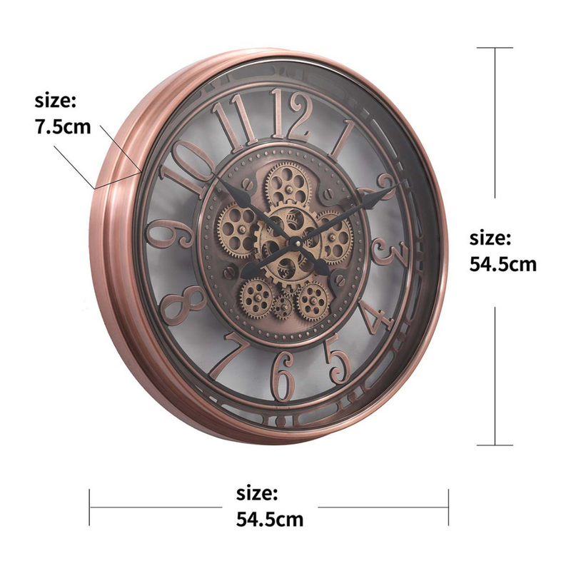55cm round copper wash wall clock with industrial exposed gears and Roman numerals