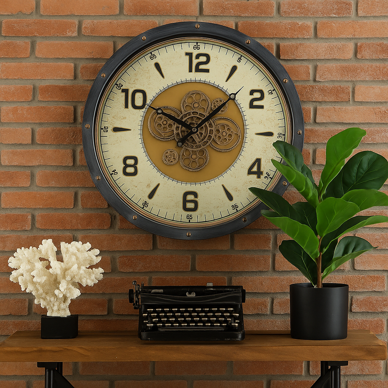 72cm round black and gold wall clock with real moving cogs and Roman numerals in modern industrial style