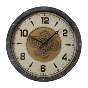 72cm round black and gold wall clock with real moving cogs and Roman numerals in modern industrial style