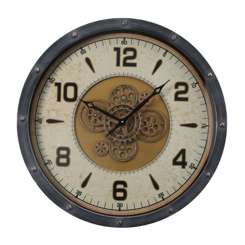 72cm round black and gold wall clock with real moving cogs and Roman numerals in modern industrial style