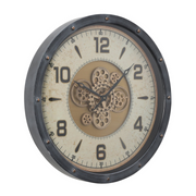 72cm round black and gold wall clock with real moving cogs and Roman numerals in modern industrial style