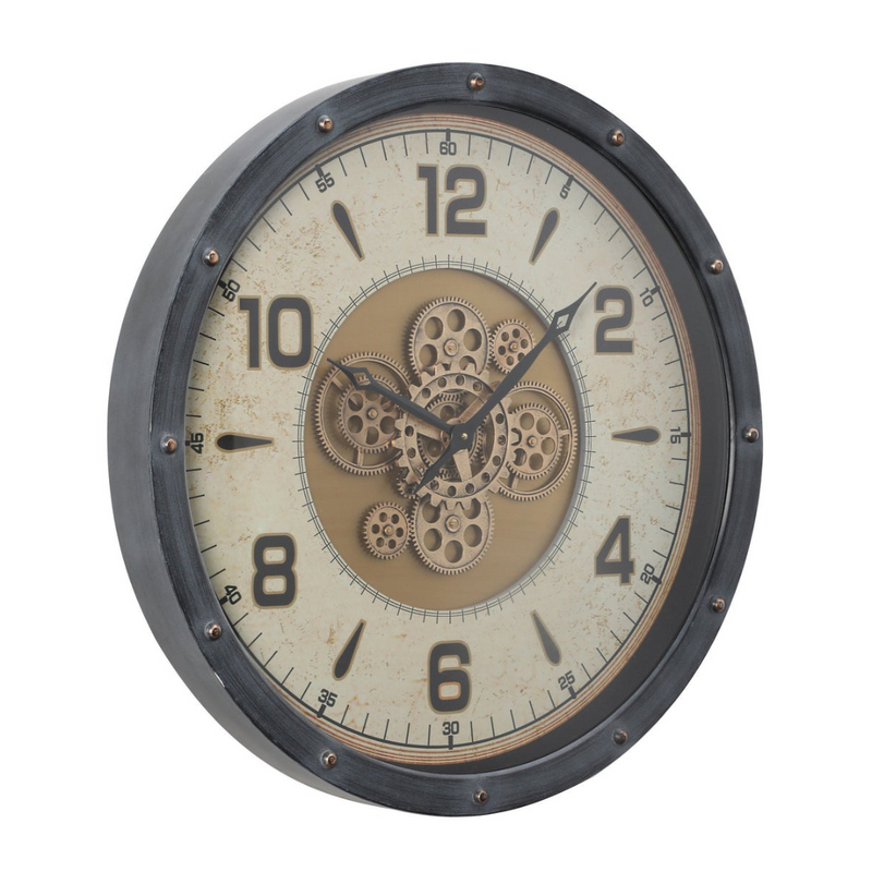 72cm round black and gold wall clock with real moving cogs and Roman numerals in modern industrial style