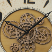 72cm round black and gold wall clock with real moving cogs and Roman numerals in modern industrial style