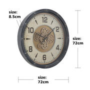 72cm round black and gold wall clock with real moving cogs and Roman numerals in modern industrial style