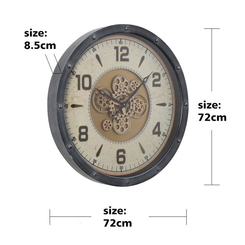 72cm round black and gold wall clock with real moving cogs and Roman numerals in modern industrial style