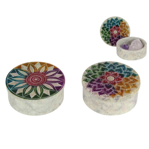 Ronis Round Mandala Soapstone Trinket Box 8cm Assorted