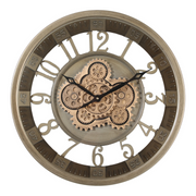 46cm silver round wall clock with exposed gold moving cogs and Roman numerals in industrial style
