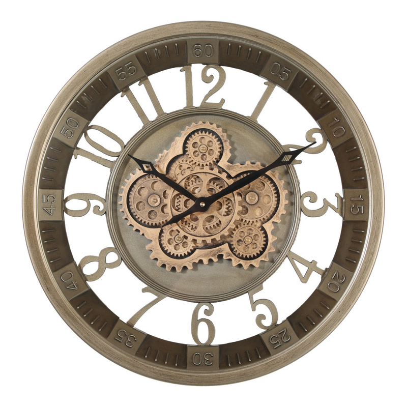 46cm silver round wall clock with exposed gold moving cogs and Roman numerals in industrial style