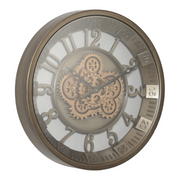 46cm silver round wall clock with exposed gold moving cogs and Roman numerals in industrial style