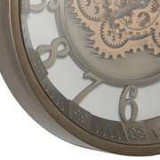46cm silver round wall clock with exposed gold moving cogs and Roman numerals in industrial style