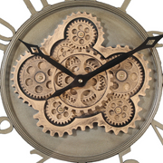 46cm silver round wall clock with exposed gold moving cogs and Roman numerals in industrial style