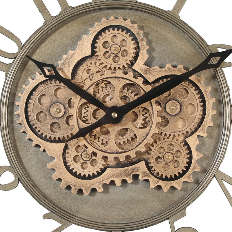46cm silver round wall clock with exposed gold moving cogs and Roman numerals in industrial style