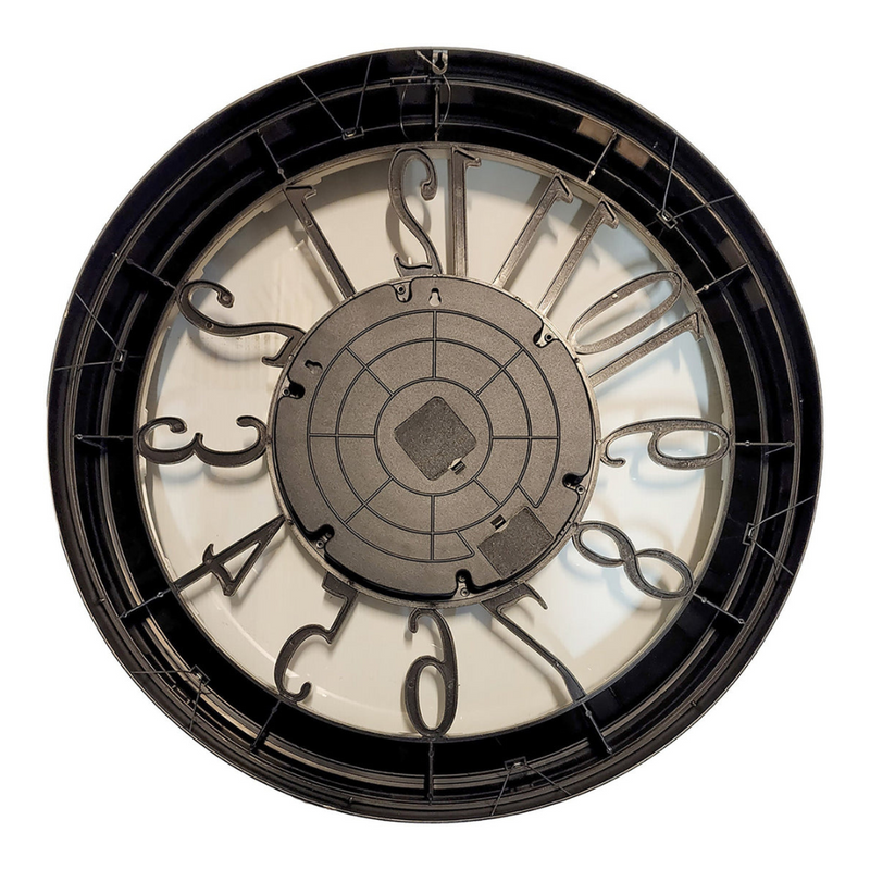 46cm silver round wall clock with exposed gold moving cogs and Roman numerals in industrial style