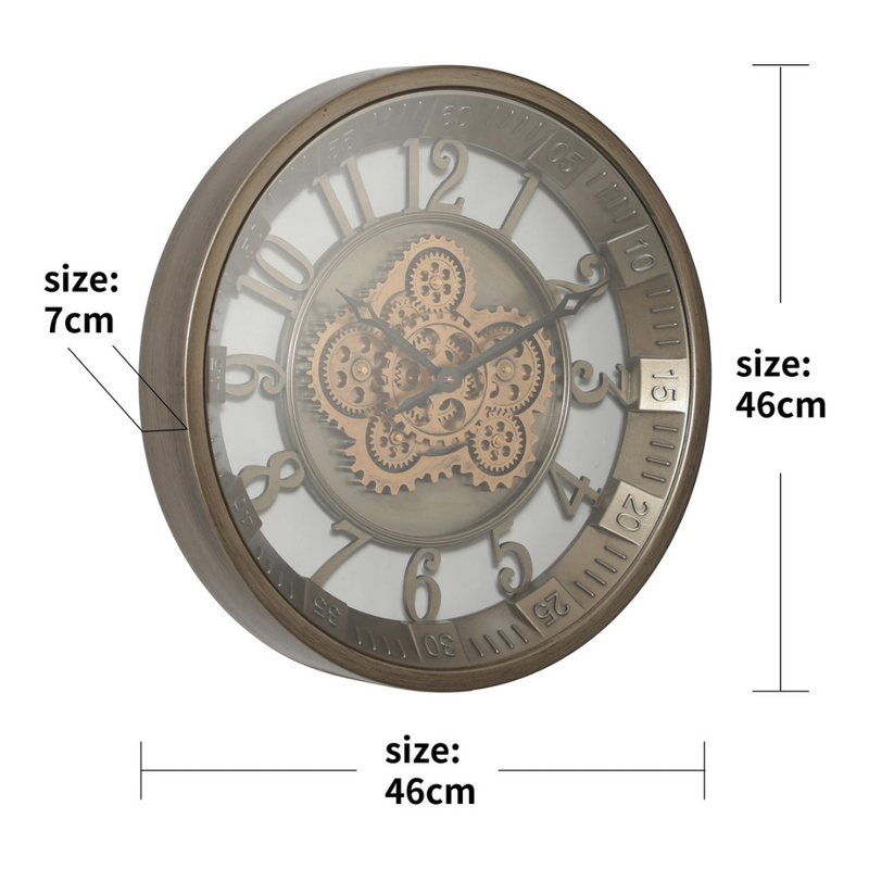 46cm silver round wall clock with exposed gold moving cogs and Roman numerals in industrial style