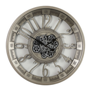 80cm round silver industrial wall clock with exposed moving cogs and Roman numerals