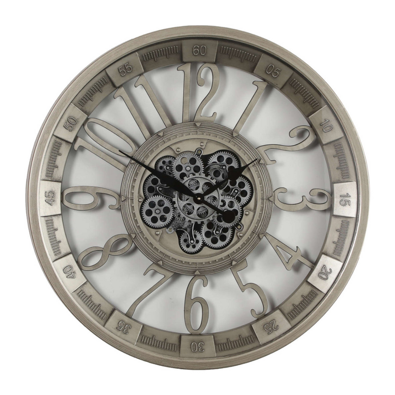 80cm round silver industrial wall clock with exposed moving cogs and Roman numerals