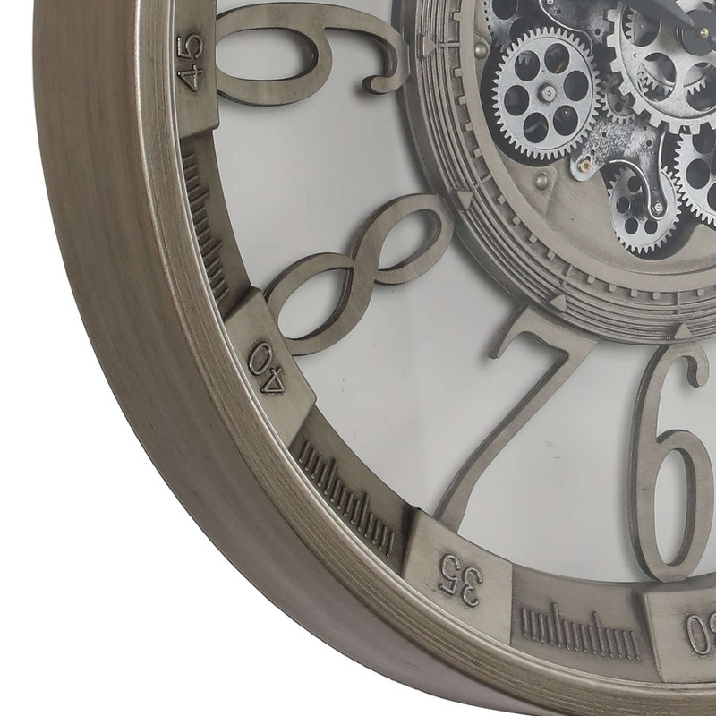 80cm round silver industrial wall clock with exposed moving cogs and Roman numerals