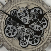 80cm round silver industrial wall clock with exposed moving cogs and Roman numerals