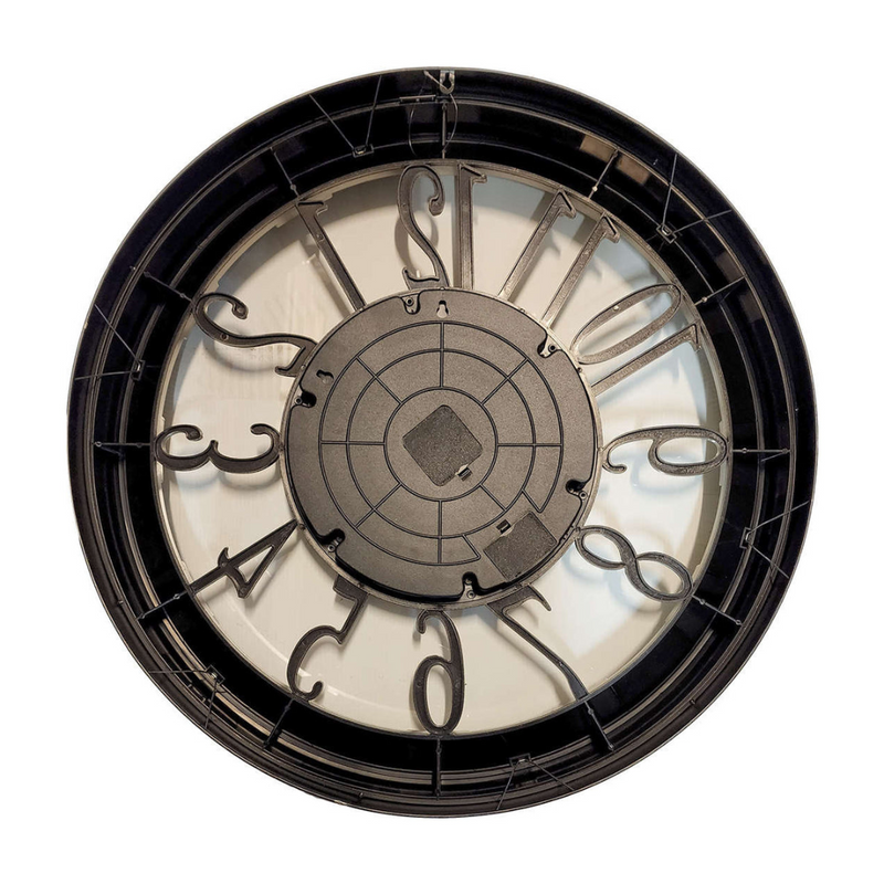 80cm round silver industrial wall clock with exposed moving cogs and Roman numerals