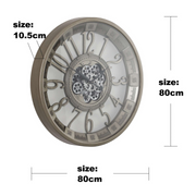 80cm round silver industrial wall clock with exposed moving cogs and Roman numerals