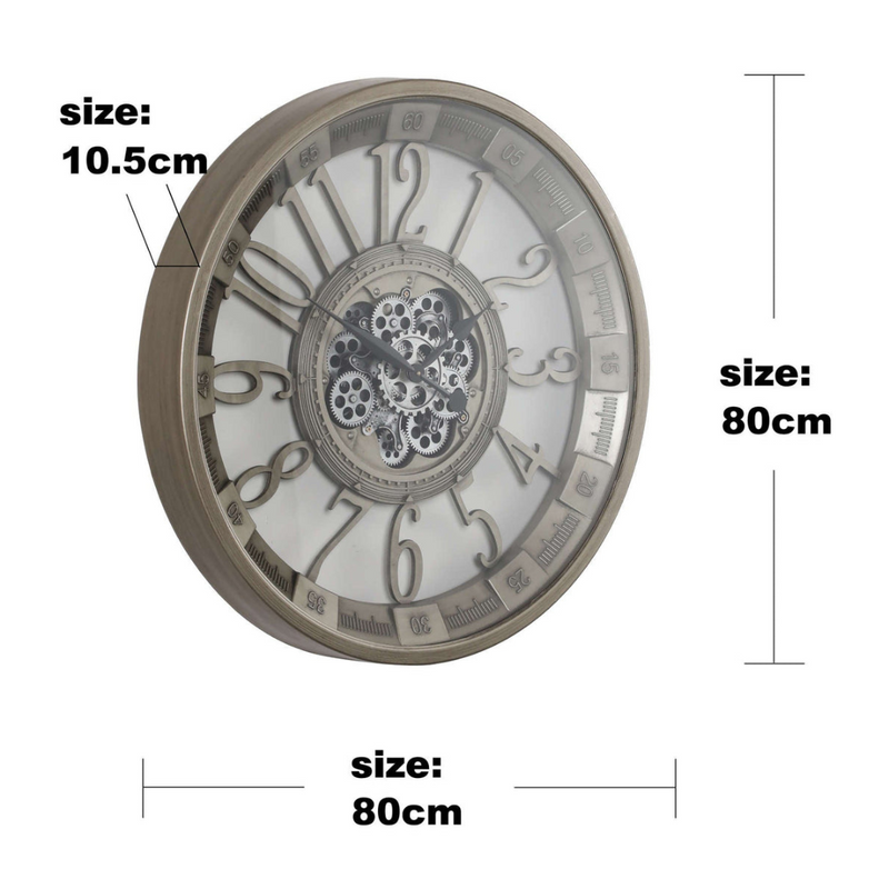 80cm round silver industrial wall clock with exposed moving cogs and Roman numerals