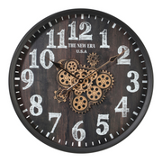 60cm round black wall clock with exposed gold moving cogs and Roman numeral industrial design