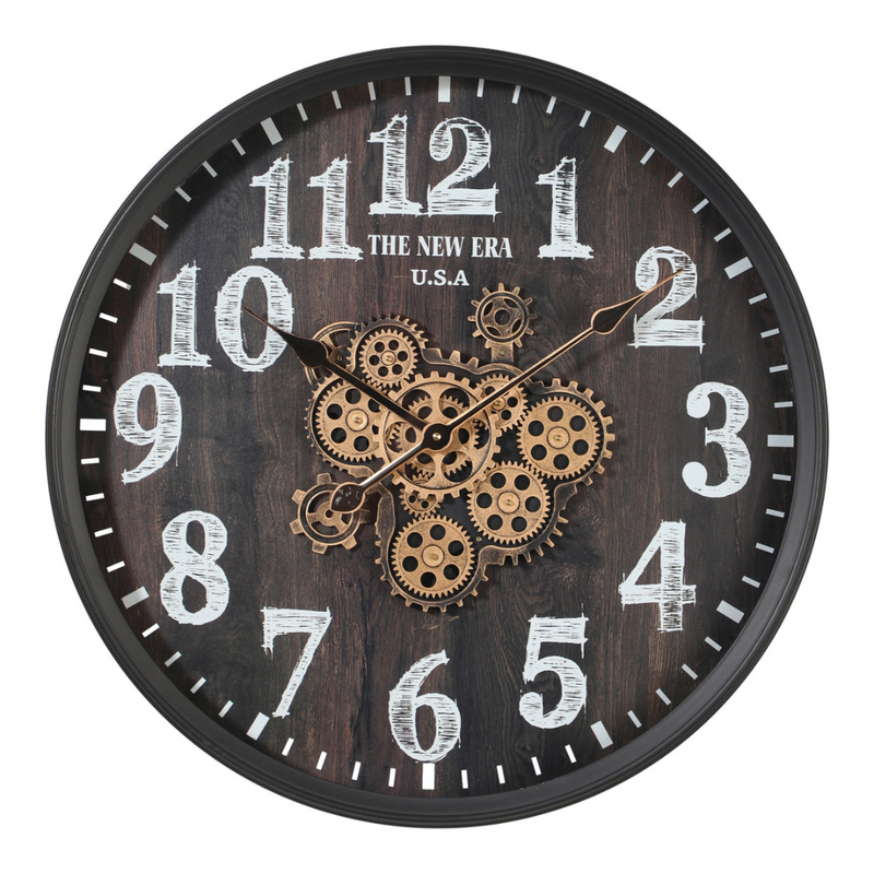 60cm round black wall clock with exposed gold moving cogs and Roman numeral industrial design