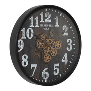 60cm round black wall clock with exposed gold moving cogs and Roman numeral industrial design
